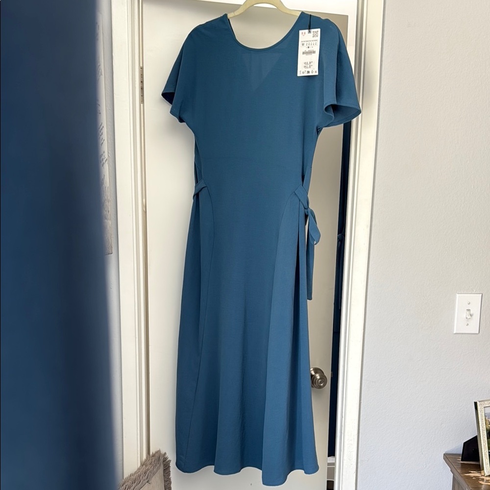 Zara Blue A-Line Midi Dress with Tie Front